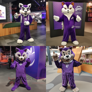 Purple Bobcat mascot costume character dressed with Jumpsuit and Shawl pins