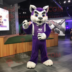 Purple Bobcat mascot costume character dressed with Jumpsuit and Shawl pins