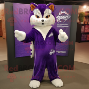 Purple Bobcat mascot costume character dressed with Jumpsuit and Shawl pins