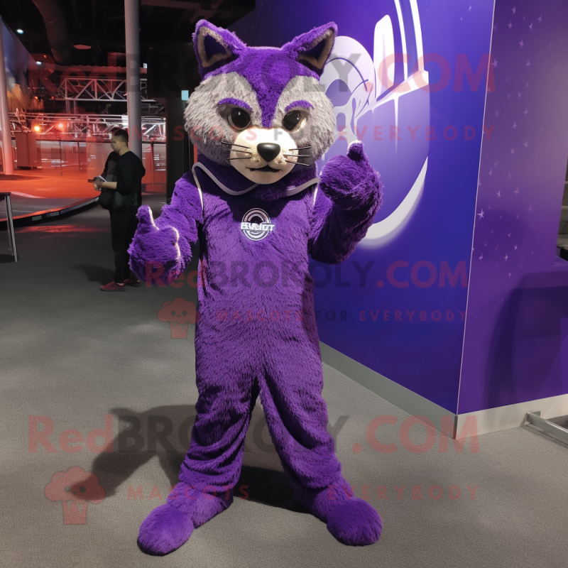 Purple Bobcat mascot costume character dressed with Jumpsuit and Shawl pins Purple Bobcat mascot costume character dressed with Jumpsuit and Shawl pins