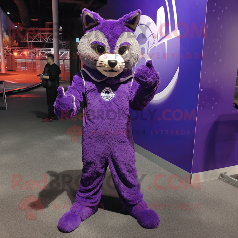 Purple Bobcat mascot costume character dressed with Jumpsuit and Shawl pins