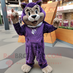 Purple Bobcat mascot costume character dressed with Jumpsuit and Shawl pins