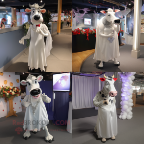 Silver Holstein cow mascot costume character dressed with Wedding Dress and Ties