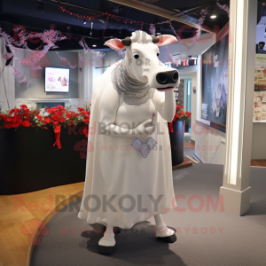 Silver Holstein cow mascot costume character dressed with Wedding Dress and Ties