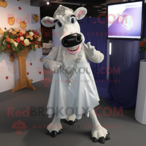 Silver Holstein cow mascot costume character dressed with Wedding Dress and Ties