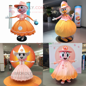 Peach stilt walker mascot costume character dressed with Circle Skirt and Brooches