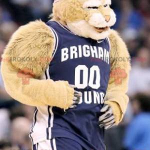 Beige tiger mascot in blue sportswear - Redbrokoly.com