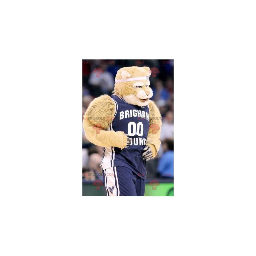 Beige tiger maskot i blå sportsklær - Redbrokoly.com Beige tiger maskot i blå sportsklær - Redbrokoly.com