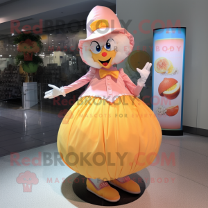 Peach stilt walker mascot costume character dressed with Circle Skirt and Brooches