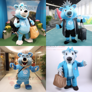 Sky Blue Wild boar mascot costume character dressed with Vest and Tote bags