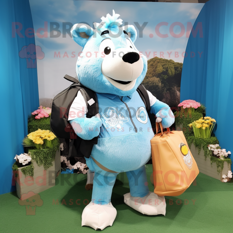 Sky Blue Wild boar mascot costume character dressed with Vest and Tote bags Sky Blue Wild boar mascot costume character dressed with Vest and Tote bags