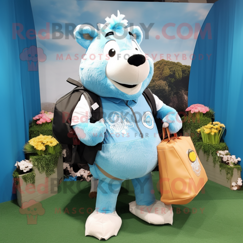 Sky Blue Wild boar mascot costume character dressed with Vest and Tote bags