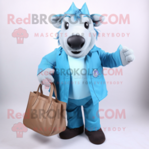 Sky Blue Wild boar mascot costume character dressed with Vest and Tote bags