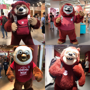 Maroon giant sloth mascot costume character dressed with Henley Shirt and Backpacks