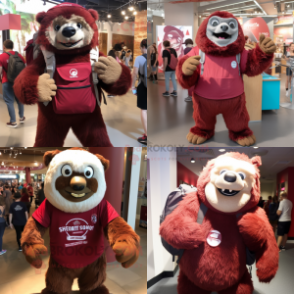 Maroon giant sloth mascot costume character dressed with Henley Shirt and Backpacks