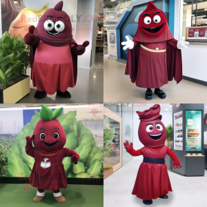 Maroon Spinach mascot costume character dressed with Wrap Dress and Belts