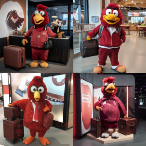 Maroon Chicken Parmesan mascot costume character dressed with Bomber Jacket and Briefcases