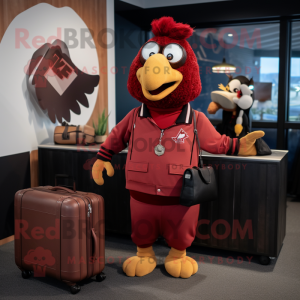 Maroon Chicken Parmesan mascot costume character dressed with Bomber Jacket and Briefcases