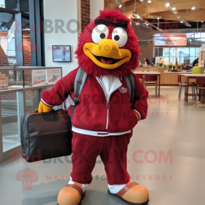 Maroon Chicken Parmesan mascot costume character dressed with Bomber Jacket and Briefcases