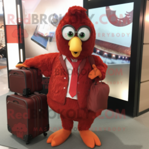 Maroon Chicken Parmesan mascot costume character dressed with Bomber Jacket and Briefcases