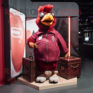 Maroon Chicken Parmesan mascot costume character dressed with Bomber Jacket and Briefcases