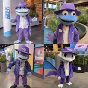 Lavender Barracuda mascot costume character dressed with Jacket and Hat pins