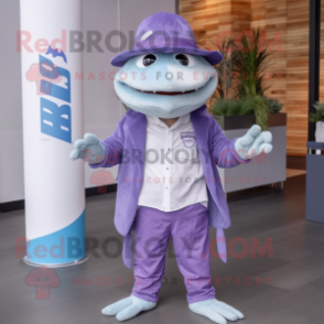 Lavender Barracuda mascot costume character dressed with Jacket and Hat pins