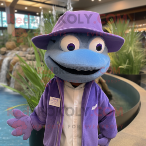 Lavender Barracuda mascot costume character dressed with Jacket and Hat pins