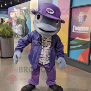 Lavender Barracuda mascot costume character dressed with Jacket and Hat pins