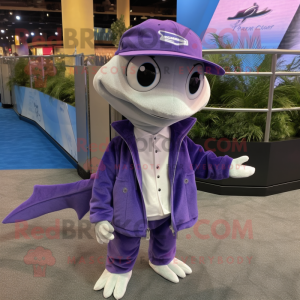 Lavender Barracuda mascot costume character dressed with Jacket and Hat pins
