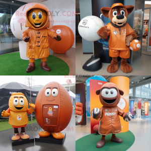 Rust Rugby ball mascot costume character dressed with Raincoat and Coin purses