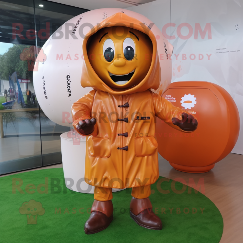 Rust Rugby ball mascot costume character dressed with Raincoat and Coin purses Rust Rugby ball mascot costume character dressed with Raincoat and Coin purses