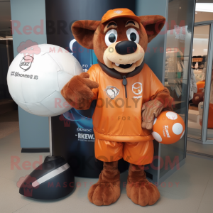 Rust Rugby ball mascot costume character dressed with Raincoat and Coin purses