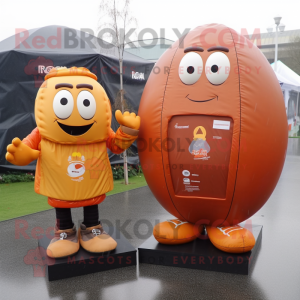 Rust Rugby ball mascot costume character dressed with Raincoat and Coin purses