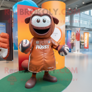 Rust Rugby ball mascot costume character dressed with Raincoat and Coin purses