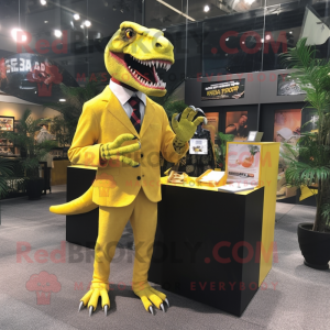 Yellow T Rex mascot costume character dressed with Suit Jacket and Keychains