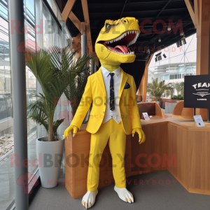 Yellow T Rex mascot costume character dressed with Suit Jacket and Keychains