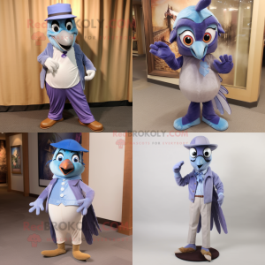 Lavender Blue jay mascot costume character dressed with Corduroy Pants and Ties