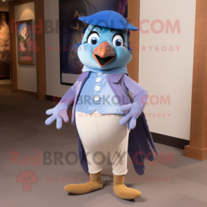 Lavender Blue jay mascot costume character dressed with Corduroy Pants and Ties