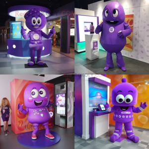 Purple candy box mascot costume character dressed with Jeggings and Digital watches