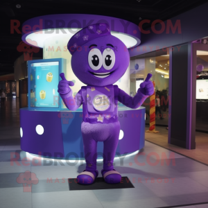 Purple candy box mascot costume character dressed with Jeggings and Digital watches