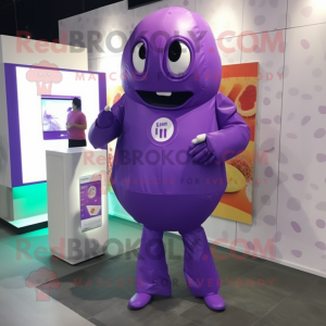 Purple candy box mascot costume character dressed with Jeggings and Digital watches