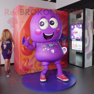 Purple candy box mascot costume character dressed with Jeggings and Digital watches