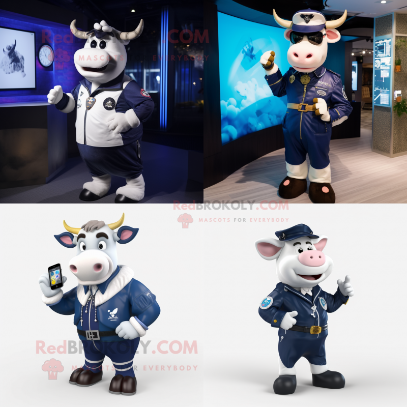 Navy Cow mascot costume character dressed with Bomber Jacket and Digital watches