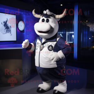 Navy Cow mascot costume character dressed with Bomber Jacket and Digital watches