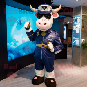 Navy Cow mascot costume character dressed with Bomber Jacket and Digital watches