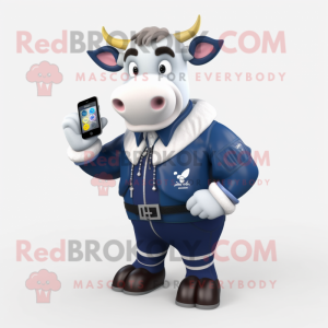 Navy Cow mascot costume character dressed with Bomber Jacket and Digital watches