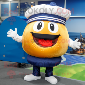 Navy Hamburger mascot costume character dressed with Windbreaker and Beanies