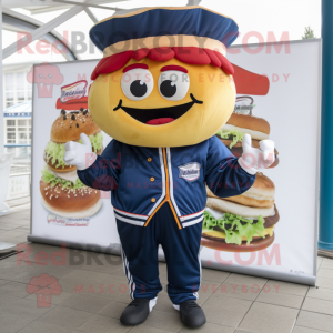 Navy Hamburger mascot costume character dressed with Windbreaker and Beanies