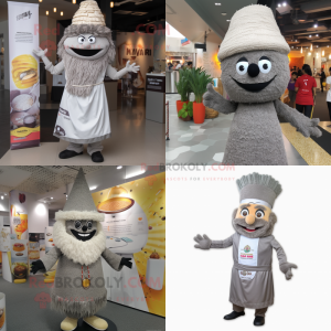 Gray Biryani mascot costume character dressed with Mini Dress and Hat pins